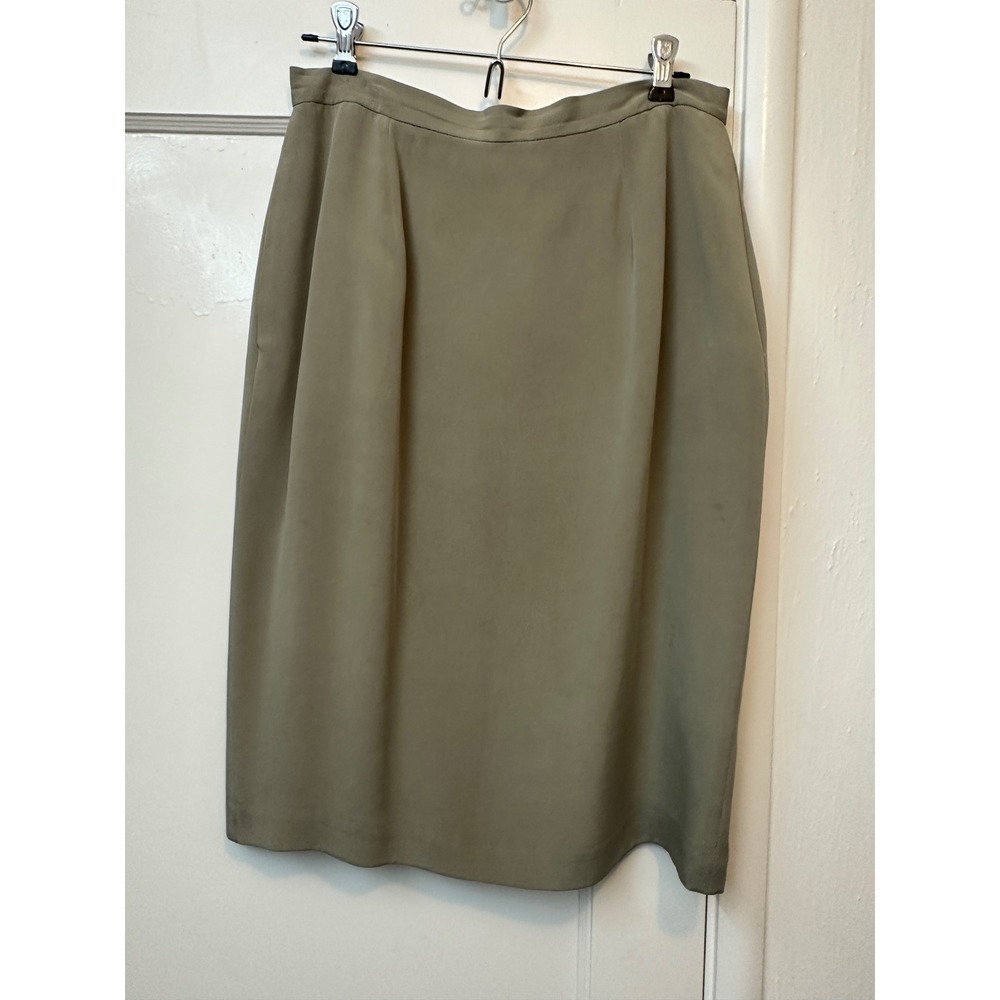 Vintage Olive Green Silk Pencil Skirt Knee Length Straight Back Vent 30 Waist